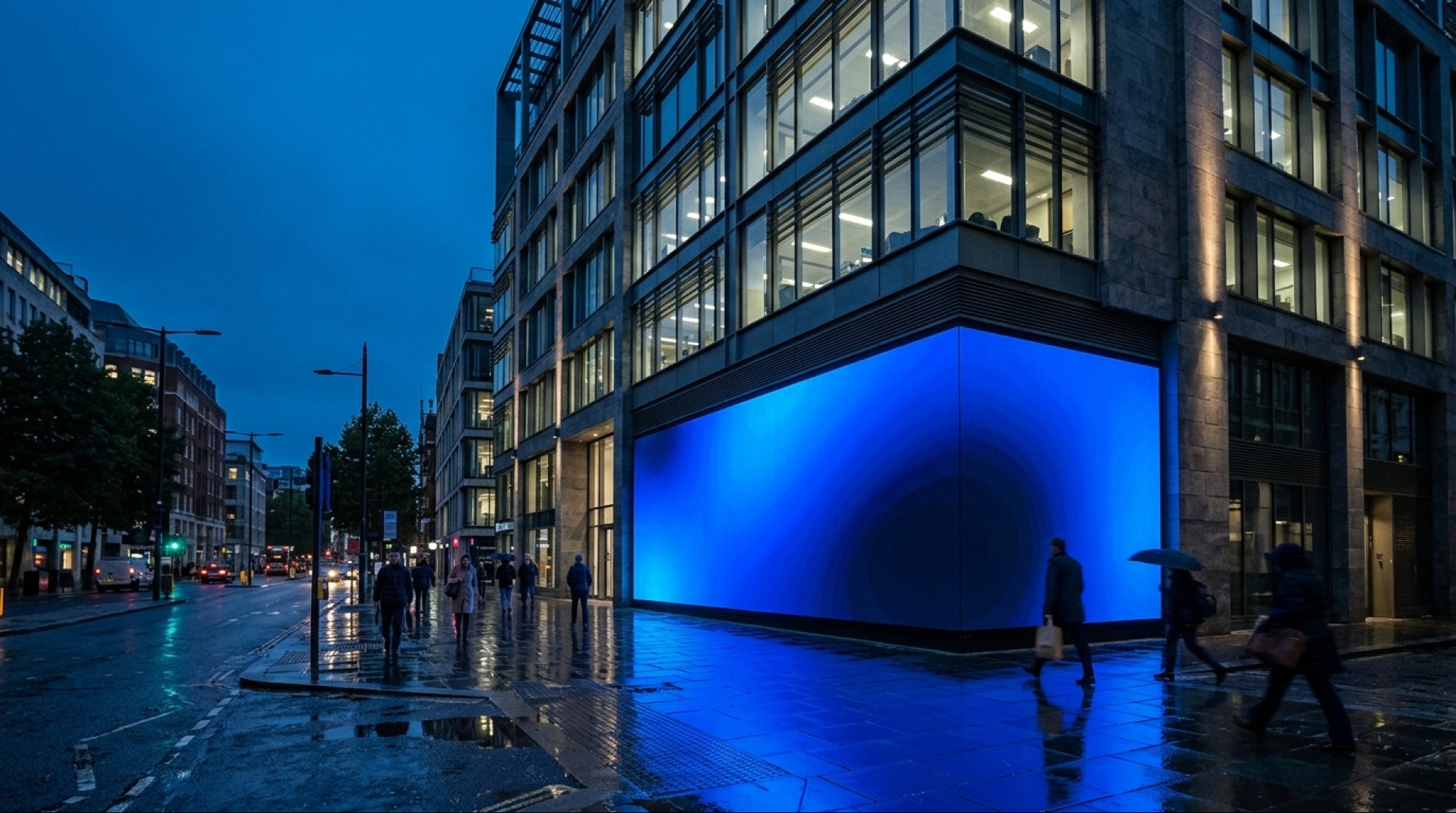 A commercial building fronted by a large IW FMS digital display